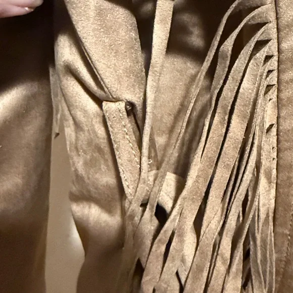 Western Tan fringe cropped moto zip jacket faux suede with belt women’s MEDIUM - Picture 11 of 15